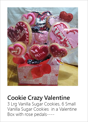 ﷯ Cookie Crazy Valentine 3 Lrg Vanilla Sugar Cookies, 6 Small Vanilla Sugar Cookies in a Valentine Box with rose pedals---- 